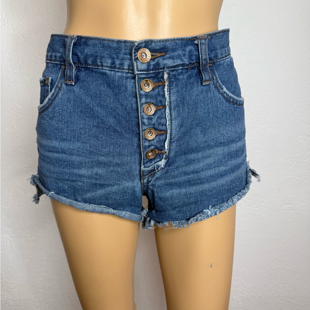 Free People Runaway Slouch Distress Raw Hem Button Fly Denim Shorts Size 28